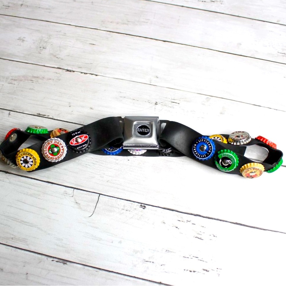 Women's Vintage Soda Pop Bottle Cap Seatbelt Buckle Belt Black Rubber Punk Goth